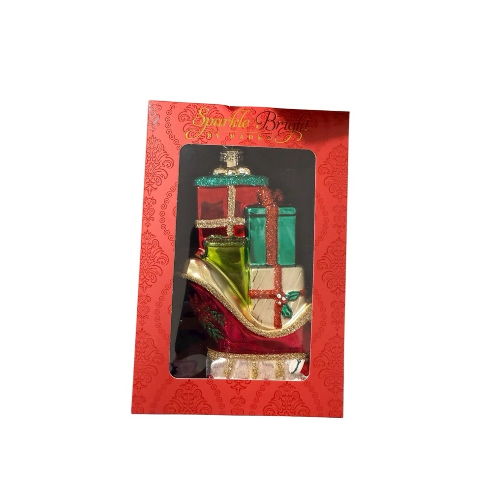 Christopher Radko‎ Sparkle Bright Blown Glass Sleigh & Presents 5 1/2" Red Green
